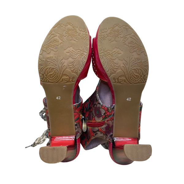 Laura Vita Women’s Red Floral Pattern Leather Open Toe Bow Accent Heels Size 10