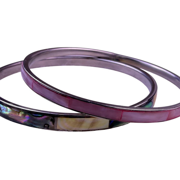 Two Womens Silver Tone Abalone Shell & Pink Inlay Bangle Bracelets