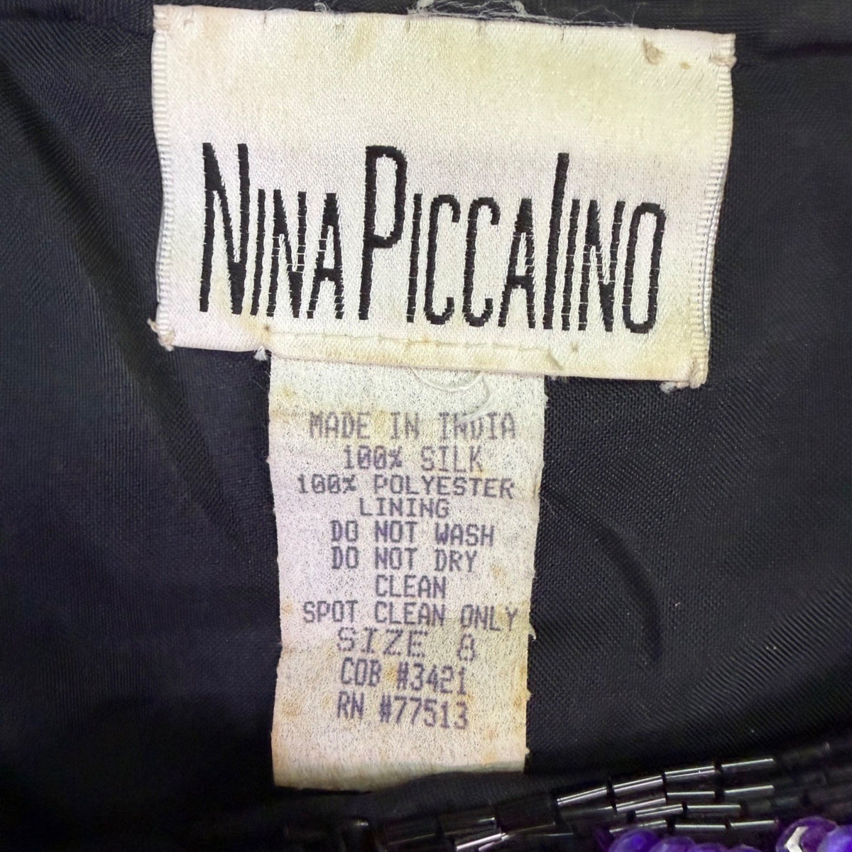 Vintage Nina Piccalino Womens Black Purple Sequin Silk Embellished Jacket Sz 8