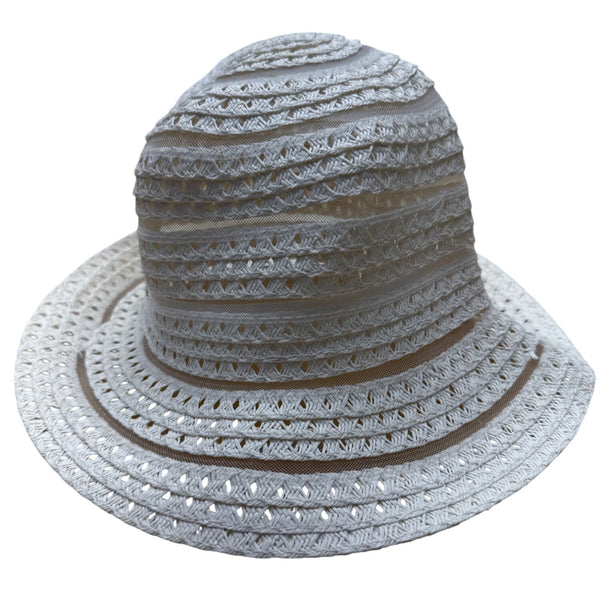 Nine West White Woven bucketHat With Openwork Design & Inner Ribbon Band