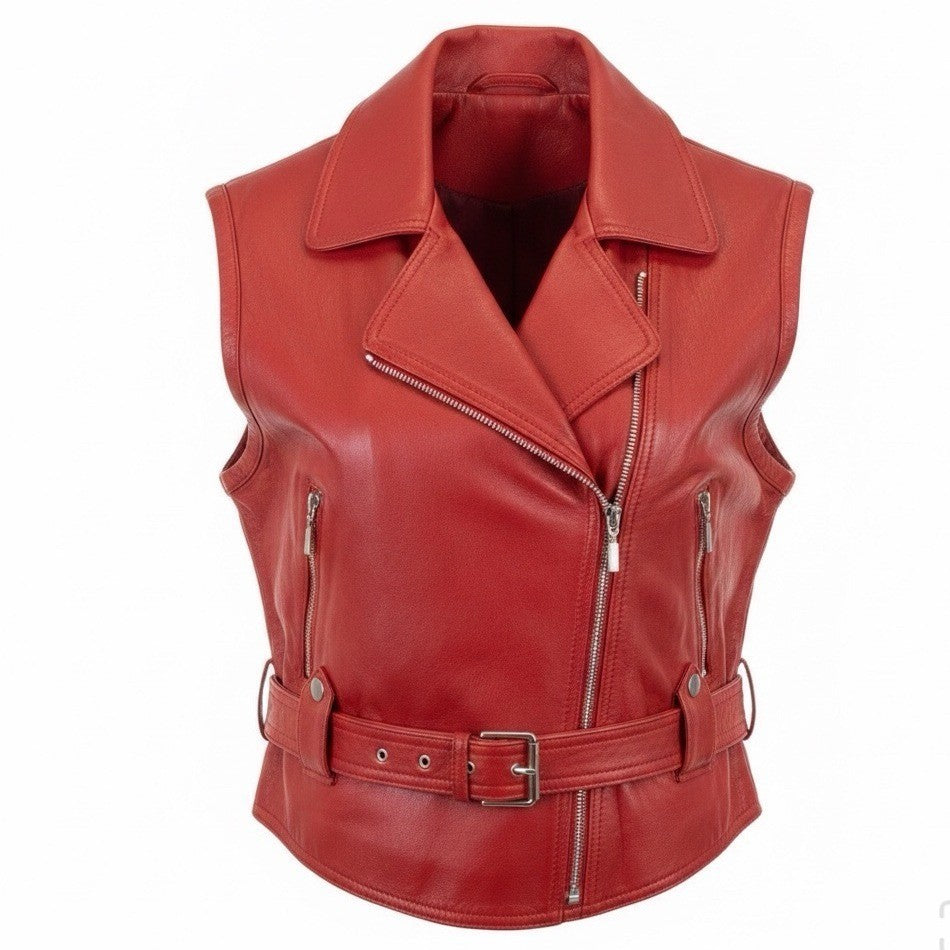 Bloomingdales Womens Red Leather Sleeveless Vest Belted Zipper Pockets Size S