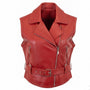 Bloomingdales Womens Red Leather Sleeveless Vest Belted Zipper Pockets Size S