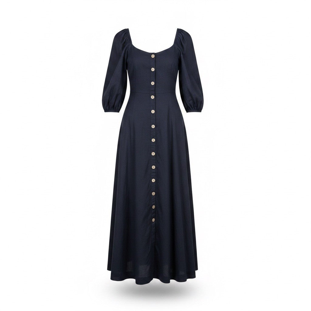 Free People Womens Black Button-Front Midi Dress With Puff Sleeves & Tie Size M