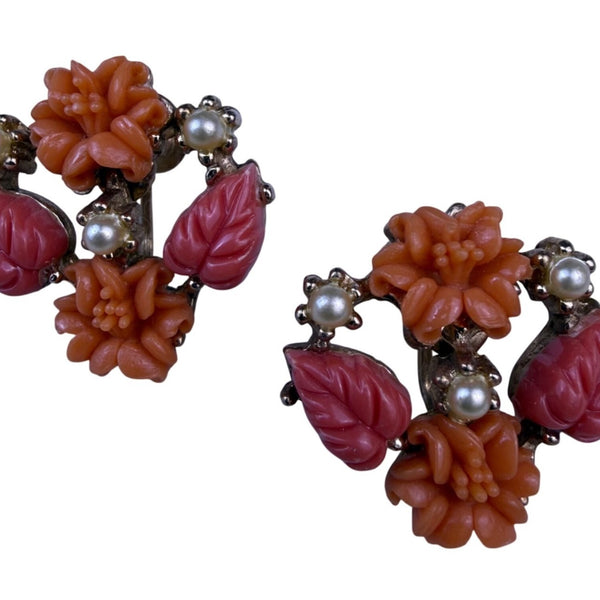 Vintage Womens Orange & Red Celluloid Floral Screw Back Earrings