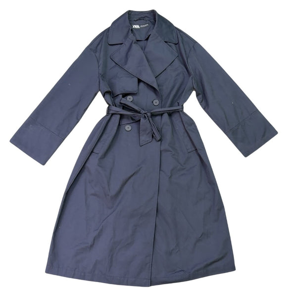 Zara Womens Navy Belted Double-Breasted Trench Coat Long Classic Style Sz M