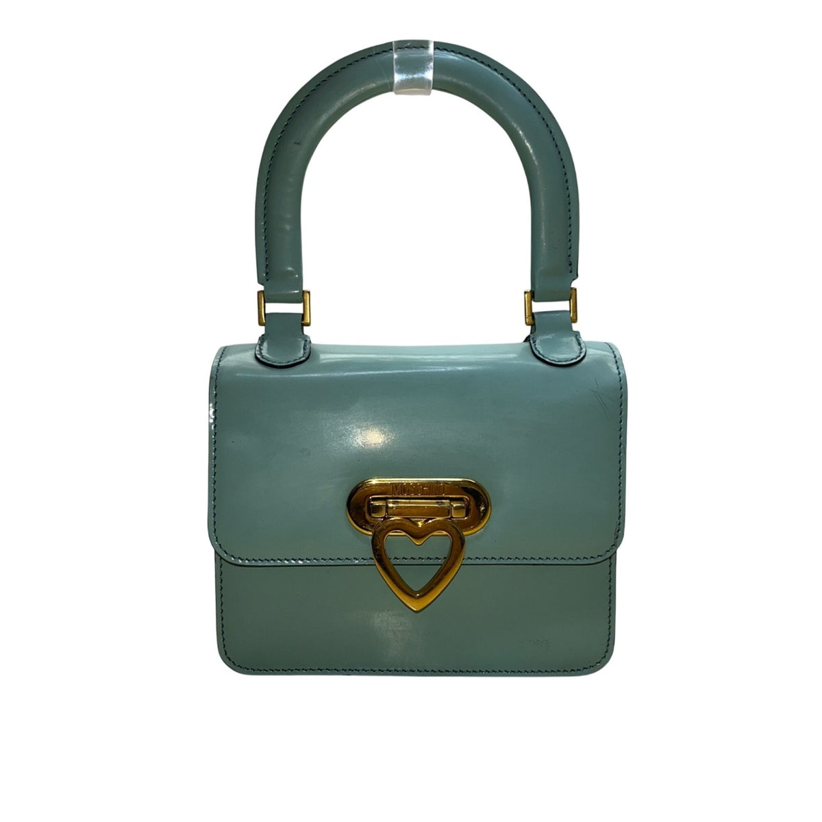 Moschino Women’s Light Blue Leather Gold Logo Hardware Structured Clutch Handbag