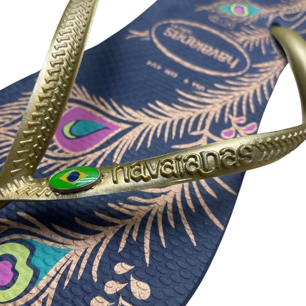 Havaianas Women’s Navy & Gold Peafowl Feather Print Slim Flip Flops Size 9US