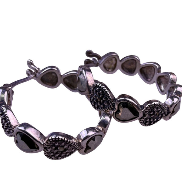 Lord & Taylor Womens Sterling Silver Heart Hoop Earrings Marcasite