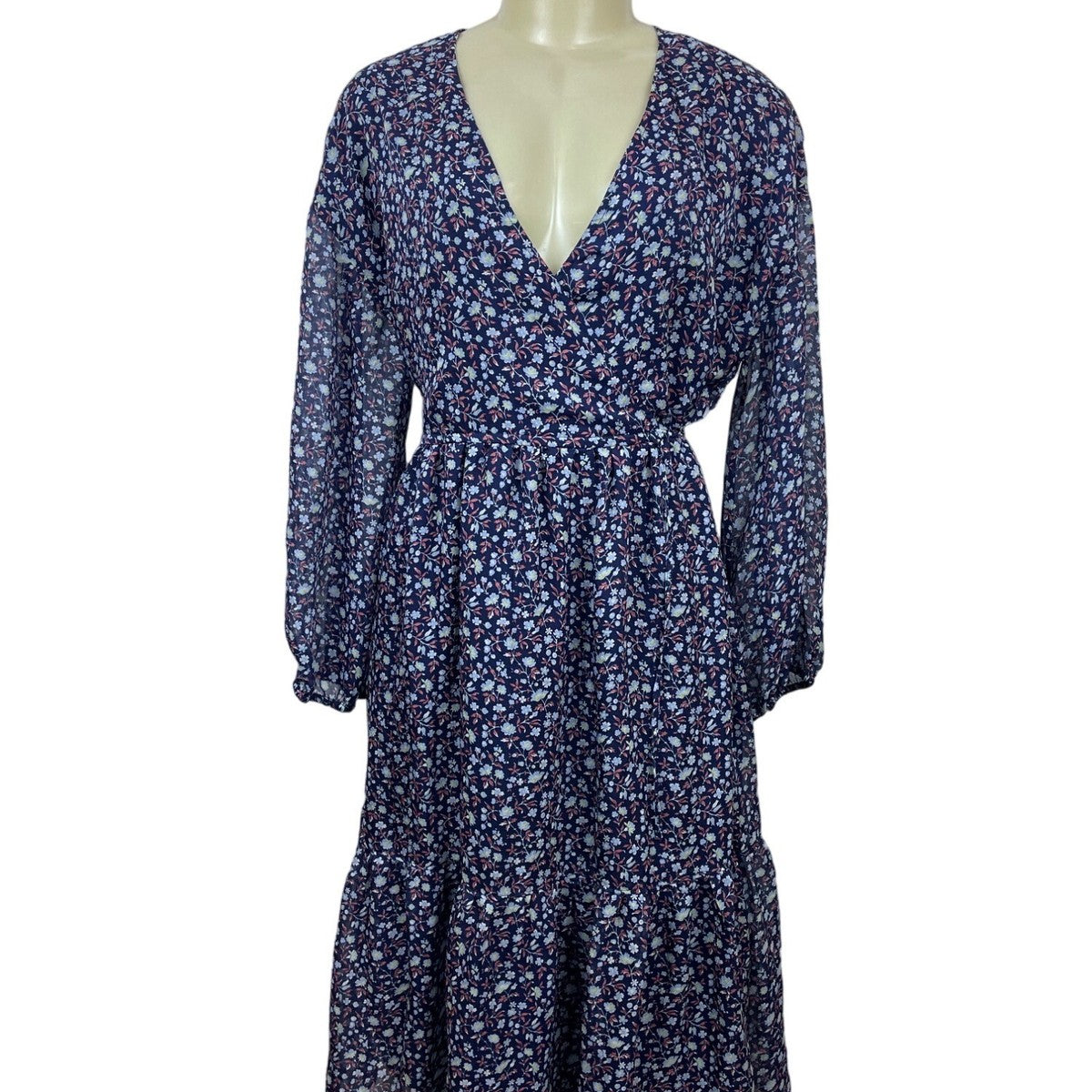 Madewell Womens Floral Midi Dress Blue Polyester Long Sleeve Size L New