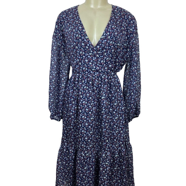 Madewell Womens Floral Midi Dress Blue Polyester Long Sleeve Size L New