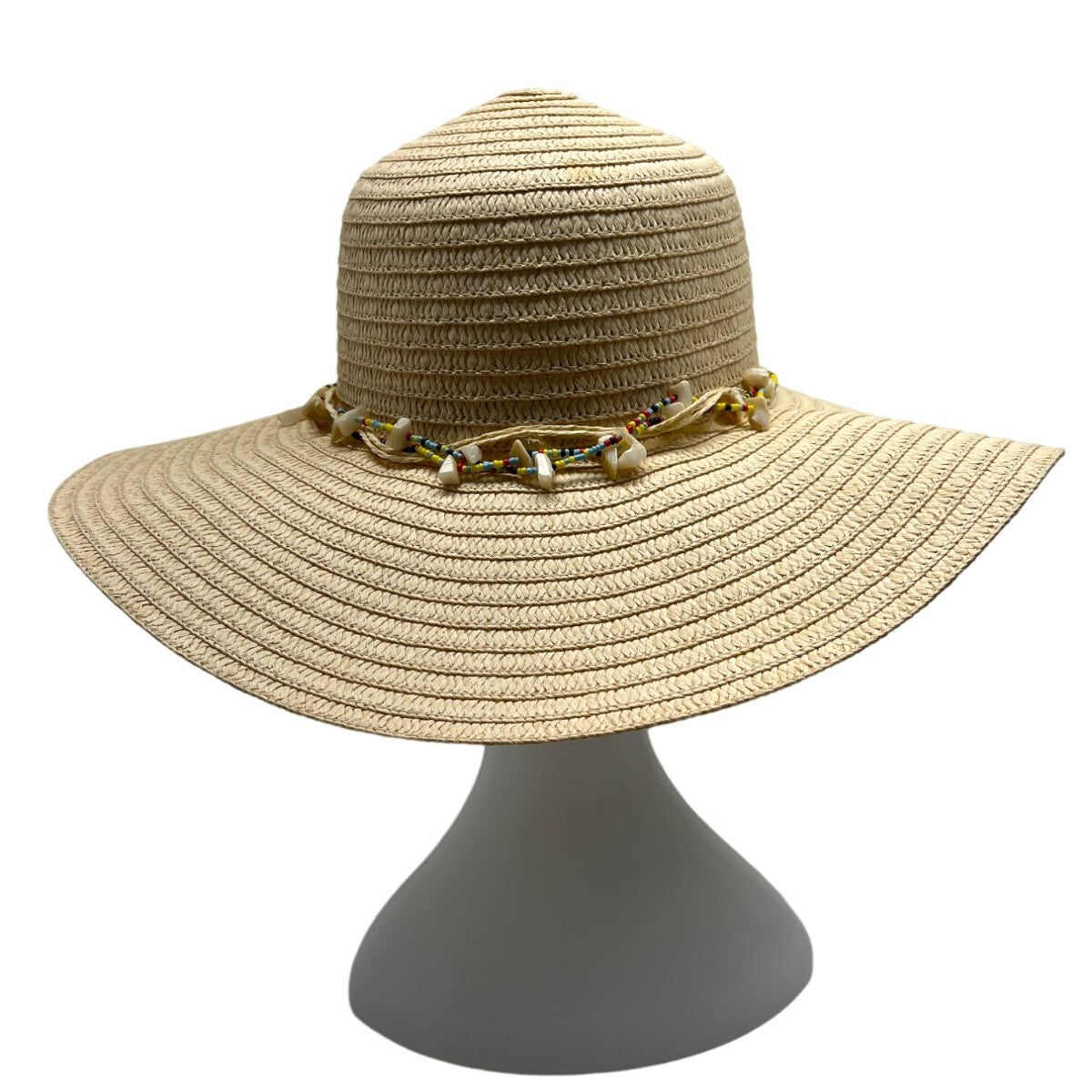 Head Wear Wide Brim Straw Sun Hat With Beaded & Shell Band For Women