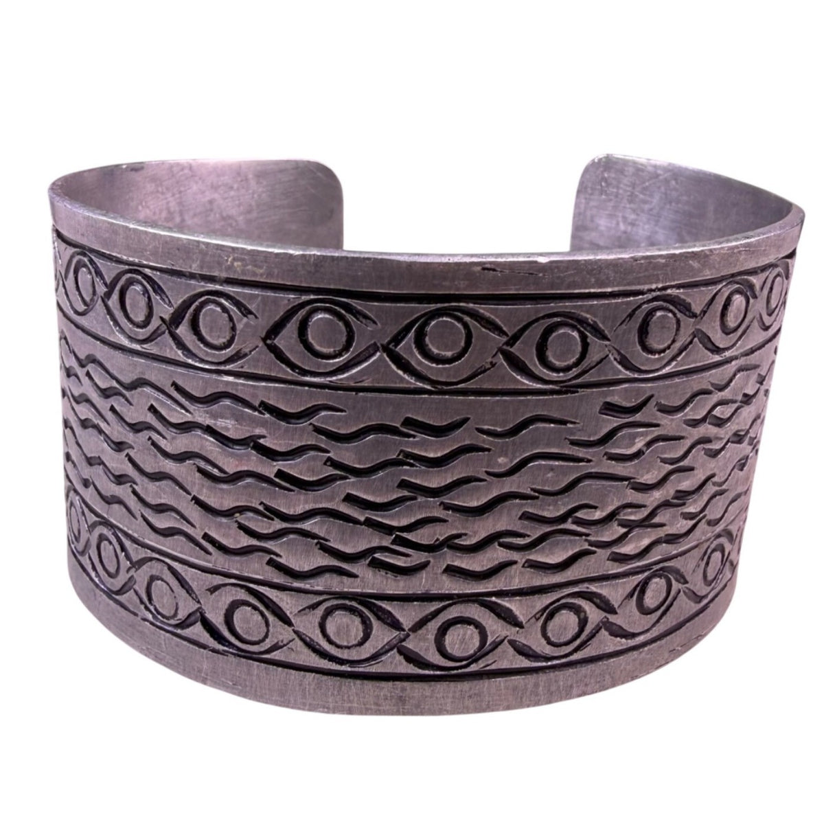 Vintage Unisex Silver Tone Motif Metal Cuff Bracelet Geometric & Wavy Design