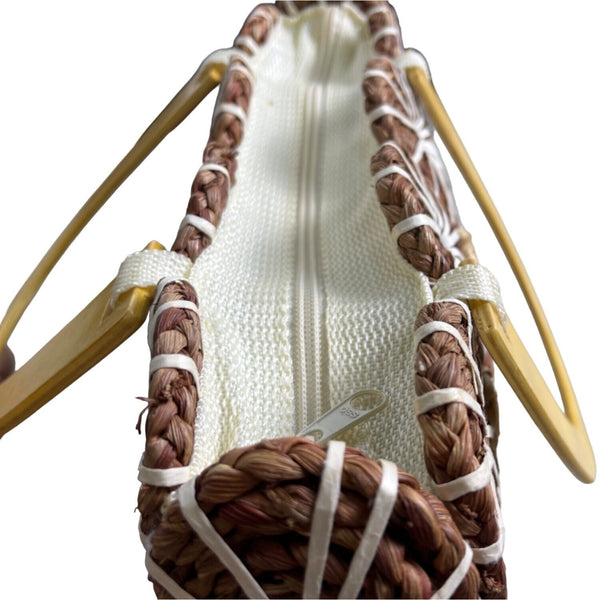 Handcrafted Women's Tropical Brown Circle Straw Braided Handbag Sz M