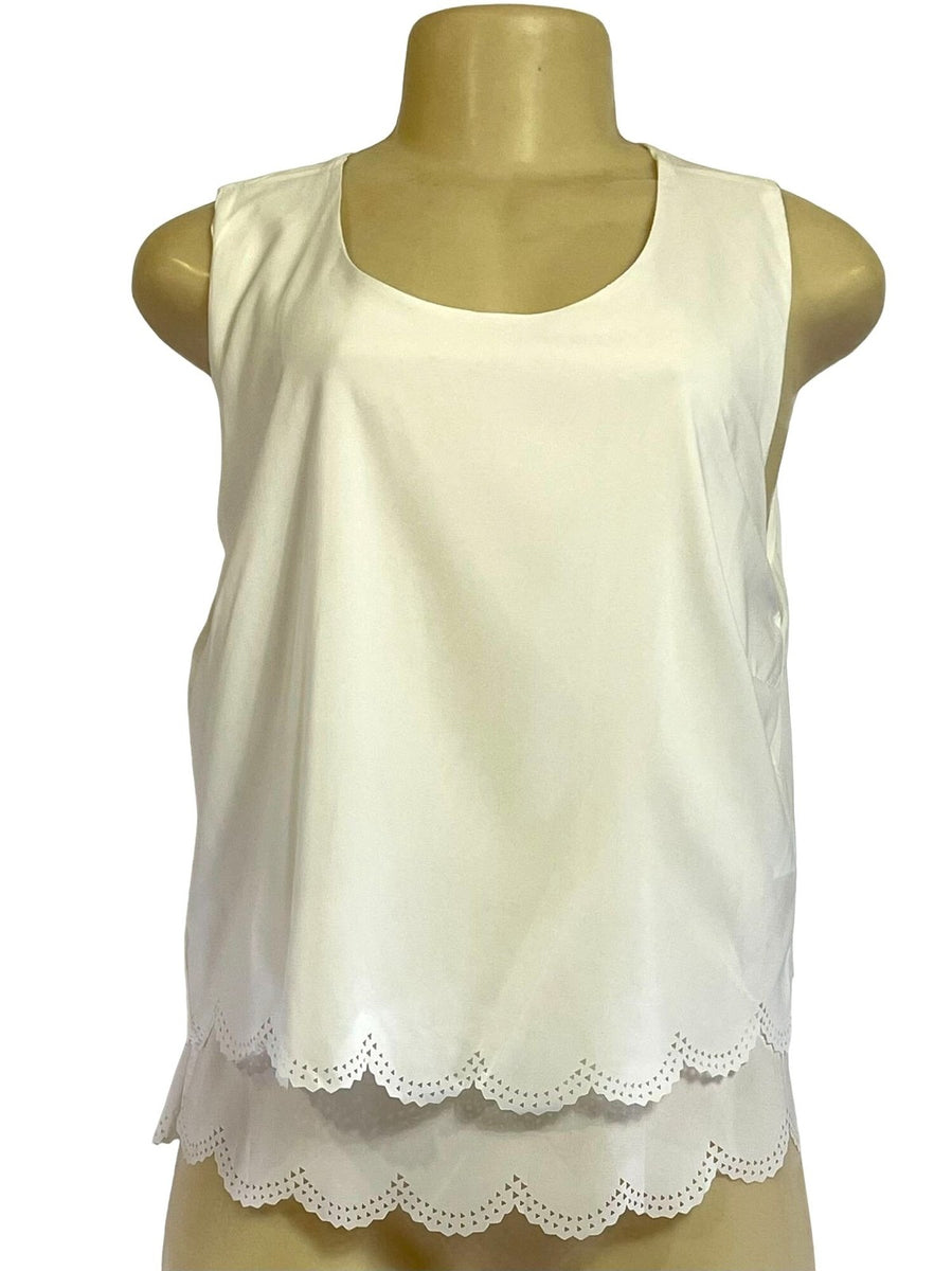 Hudiefly White Sleeveless Scalloped Layered Tank Top Open Back Design Sz L New