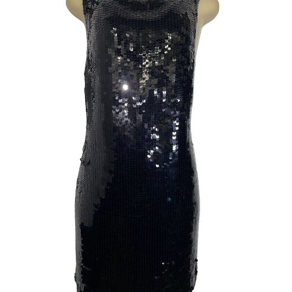 Banana Republic Black Sequin Sleeveless Dress 12P Petite Scoop Neck Front & V-Ba