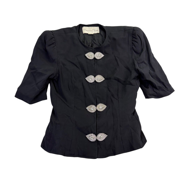 Oscar De La Renta Womens Black Silk Jacket With Beaded Button Accents Size 6