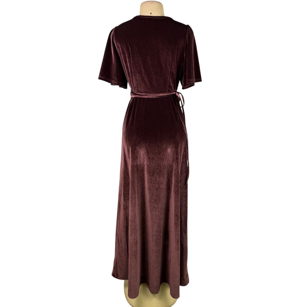Baltic Born Womens Brown Velvet Wrap Maxi Dress Elegant Soft Fabric Size L