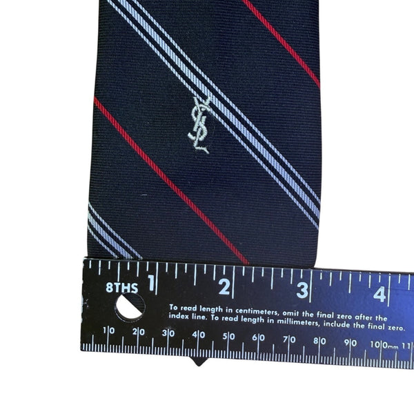 Y Saint Laurent Mens Navy Silk Tie Striped Pattern Red & White Accents