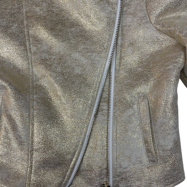 Billieblush Girls Gold Shearling Biker Jacket With Asymmetrical Zip Closure