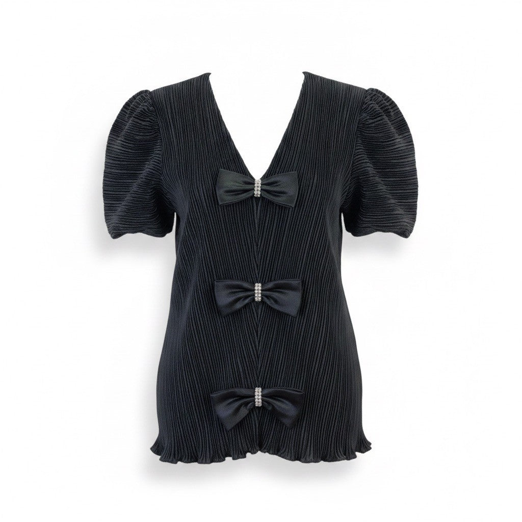 Katherine Lindsay Womens Black Pleated Satin Bow-Detailed Puff Sleeve Top 