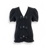 Katherine Lindsay Womens Black Pleated Satin Bow-Detailed Puff Sleeve Top 