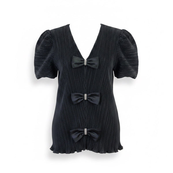 Katherine Lindsay Womens Black Pleated Satin Bow-Detailed Puff Sleeve Top 