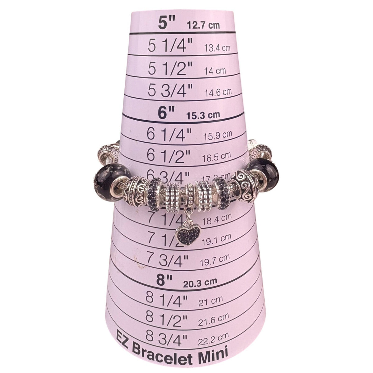 Sterling Silver Ladies Black & Silver Beaded Bracelet With Heart Charm