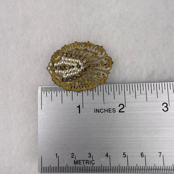 Miriam Haskell Brooch Women Gold Tone Filigree Faux Pearl Rhinestones Oval Desig