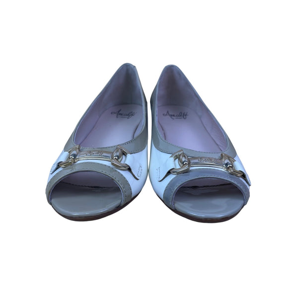 Amalfi By Rangoni Women’s White & Gray Patent Leather Open-Toe Low Wedge Size 7N