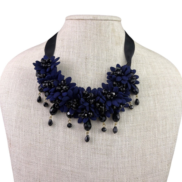 Ann Taylor Womens Gold Tone Black Navy Fabric Floral Statement Necklace