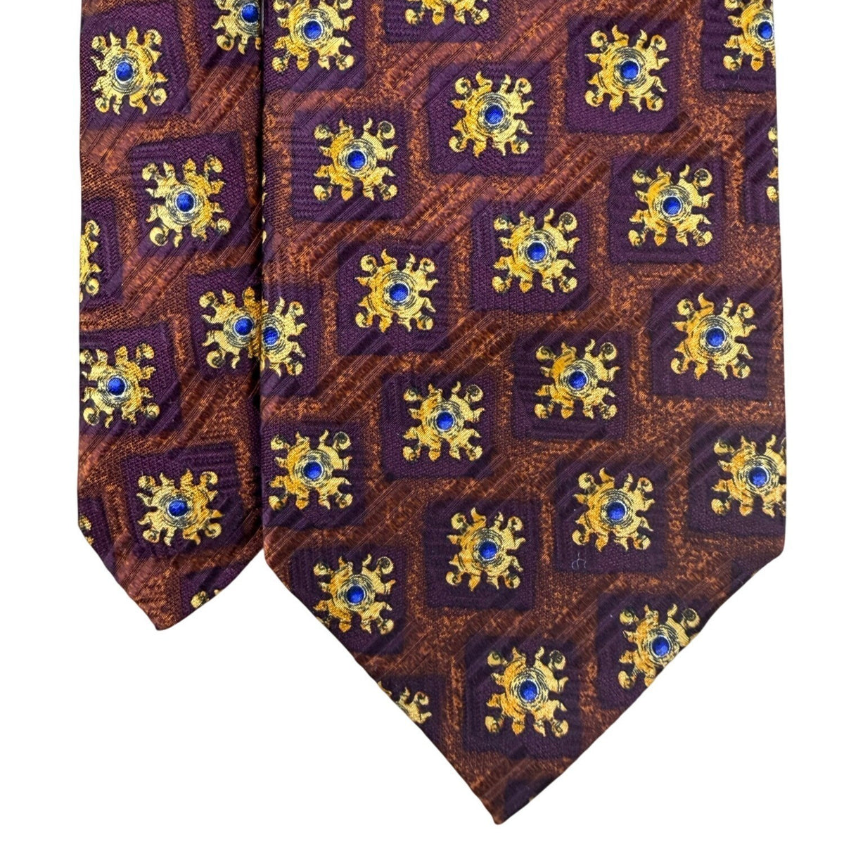 Robert Talbott Extra-Long Silk Mens Patterned Tie Brown/Yellow/Blue Hand Sewn