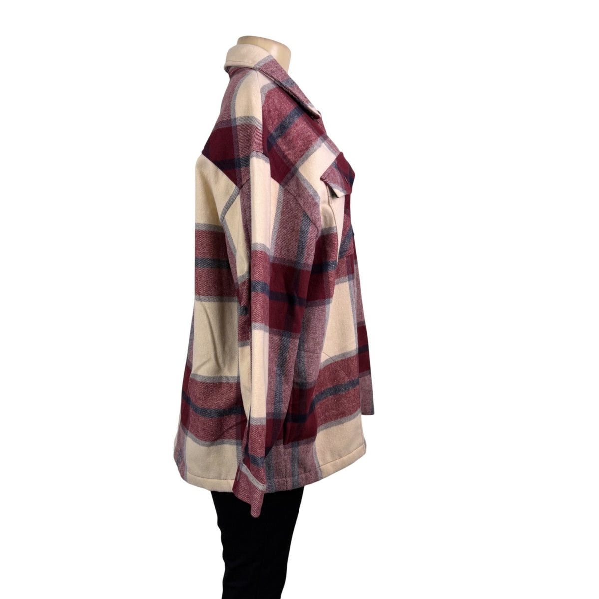 HFX Womens Red Beige Polyes/Wool Long-Sleeve Plaid Button Up Shirt Jacket  Sz L