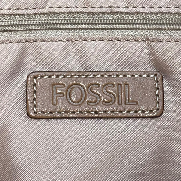 Fossil Women’s Beige Logo Pattern & Brown Leather Trim Adjustable Strap Hobo Bag