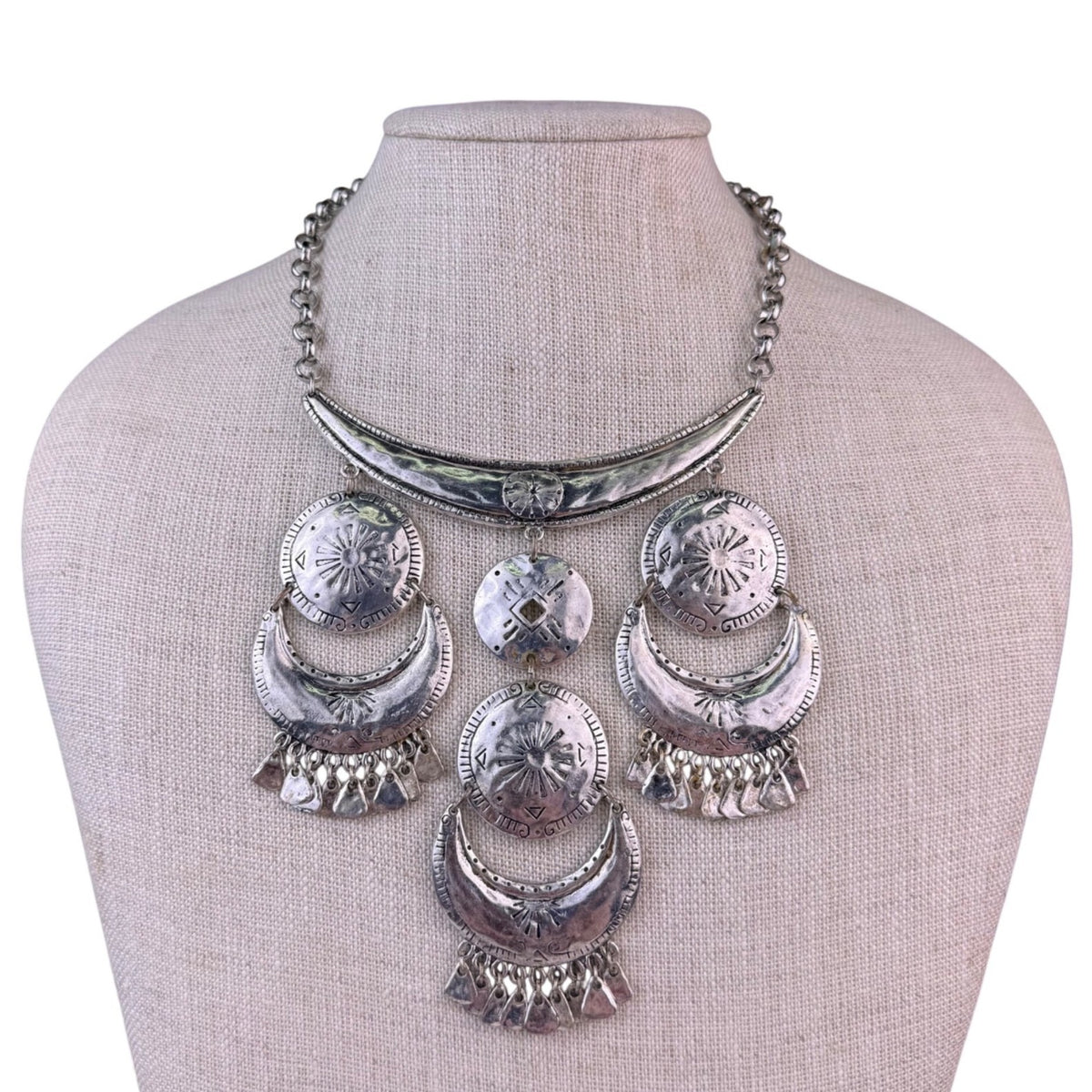 Chicos Womens Silver-Tone Statement Necklace Layered Fringe Disc Design