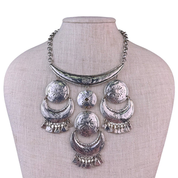 Chicos Womens Silver-Tone Statement Necklace Layered Fringe Disc Design