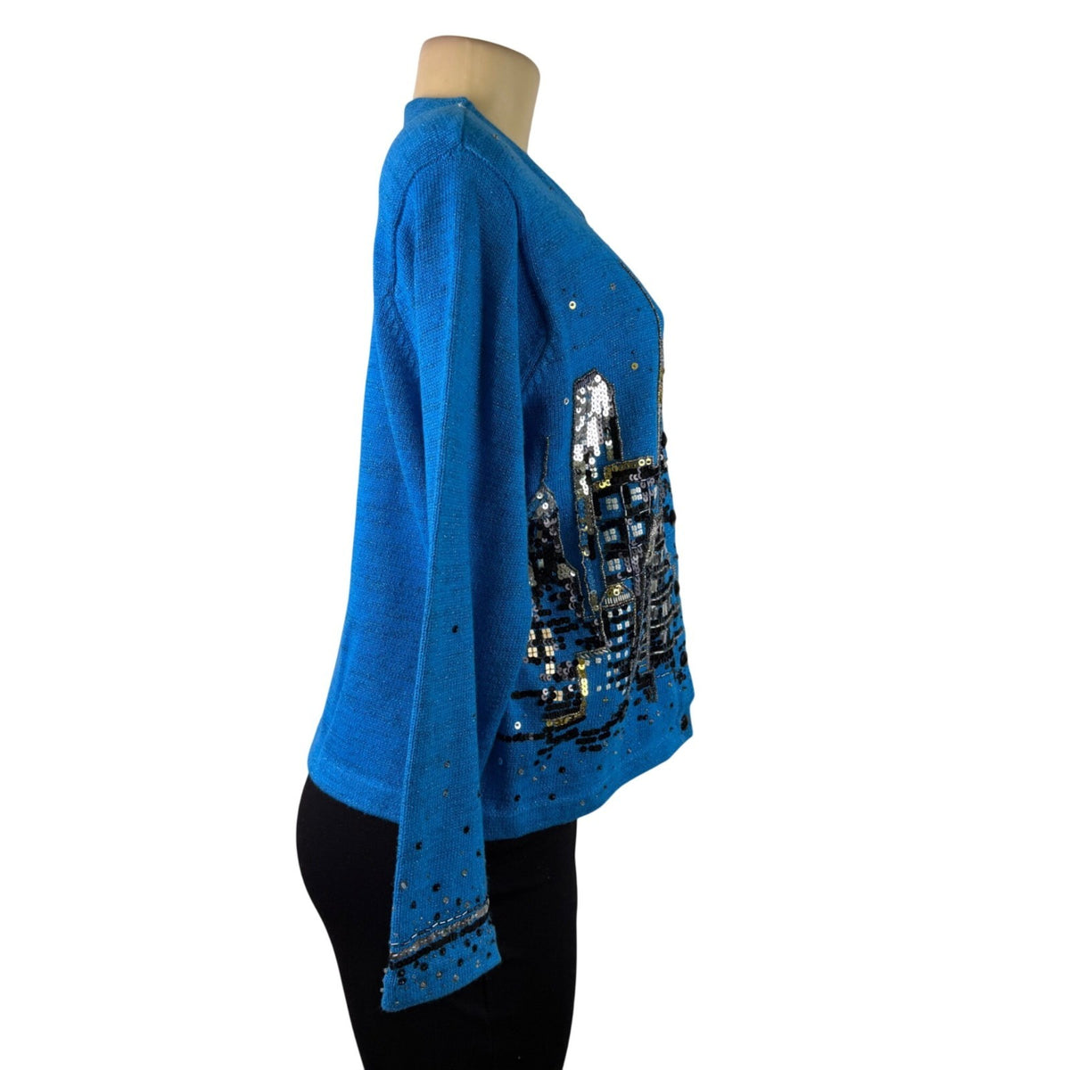 Design Options Womens Blue Button-Up Sequin Cardigan Skyline Embellished Sz L