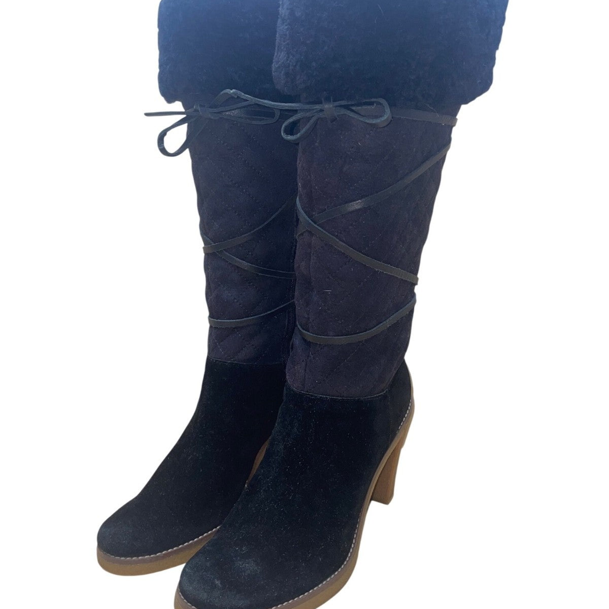 BCBGirls Women’s Black Suede & Faux Fur Quilted Heeled Knee-High Boots Size 8.5