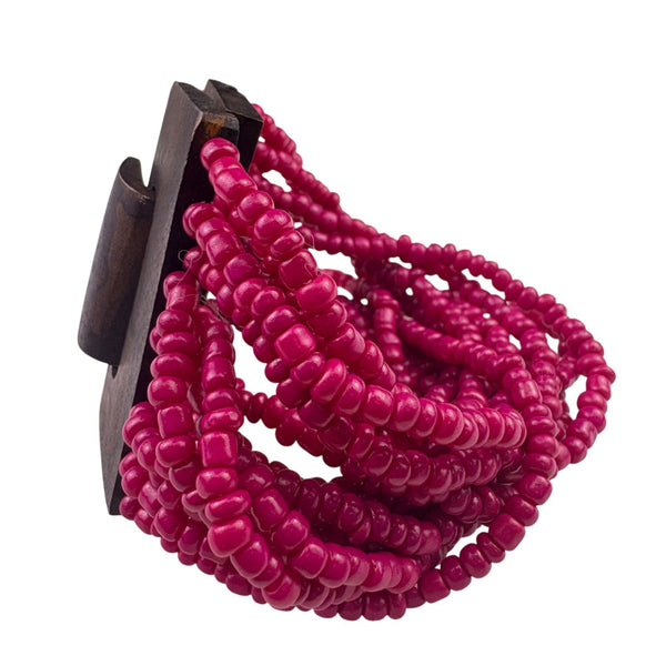 Beaded Multistrand Womens Bracelet Pink Glass Beads Wooden Clasp Handmade