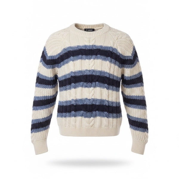 Free People Womens Ivory & Navy Cable Knit Crew Neck Sweater Striped Size S
