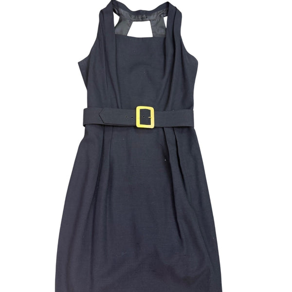 Black Sleeveless Dress With Belted Waist Gold Buckle Design Womens Size 12