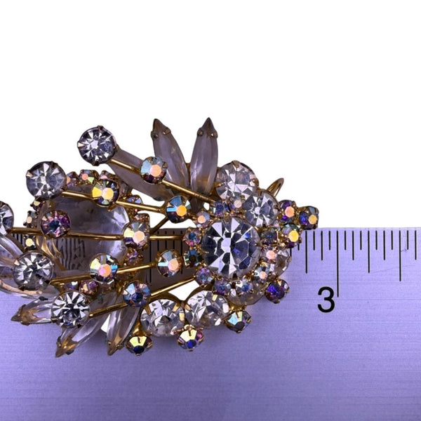 Vintage Gold Tone Rhinestone Clip-On Earrings & Floral Brooch Set