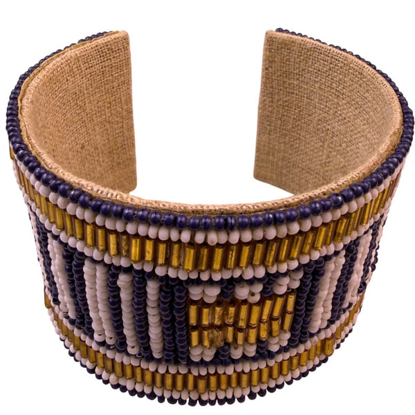 Southwest-Inspired Beaded Womens Blue/Gold Cuff Bracelet Geometric Pattern