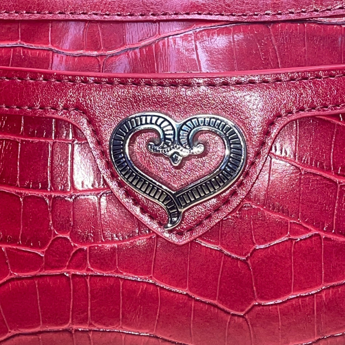 Brighton Women's Red Faux Leather Croc Embossed With Heart Accent Shoulder Bag