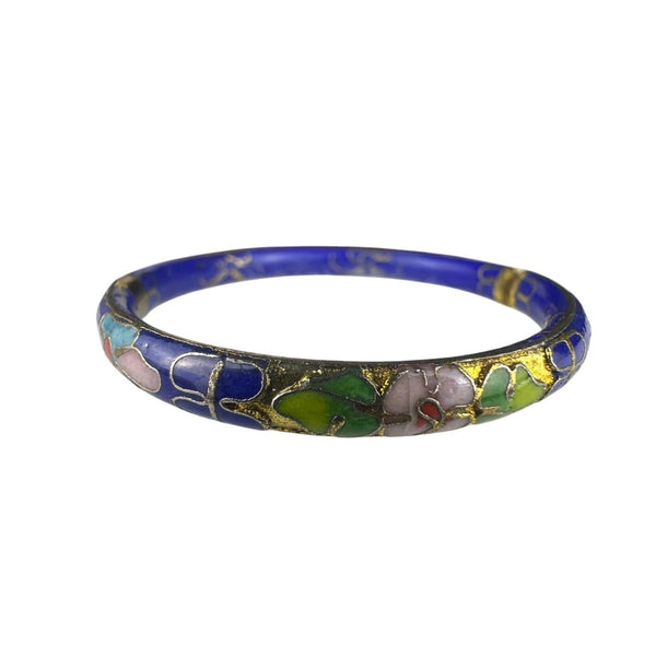 Vintage Cloisonné Hinged Bangle Bracelet Blue Multicolor Gold Floral Motif