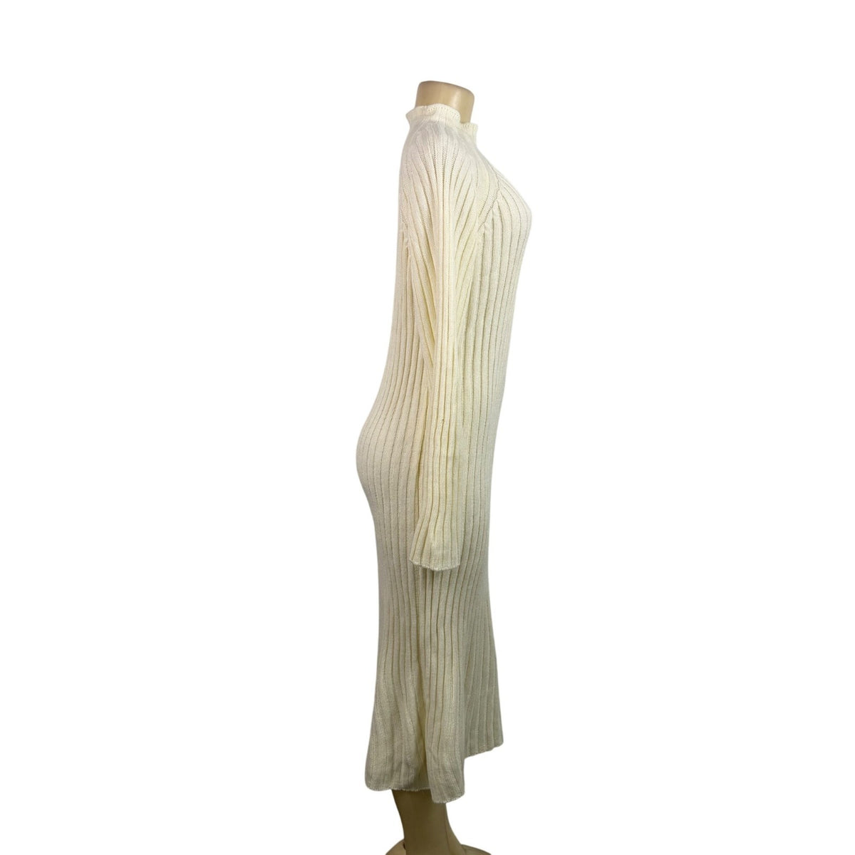 Queens Street Womens Cream Ribbed Knit Long Sleeve Midi Sweater Dress Size OS