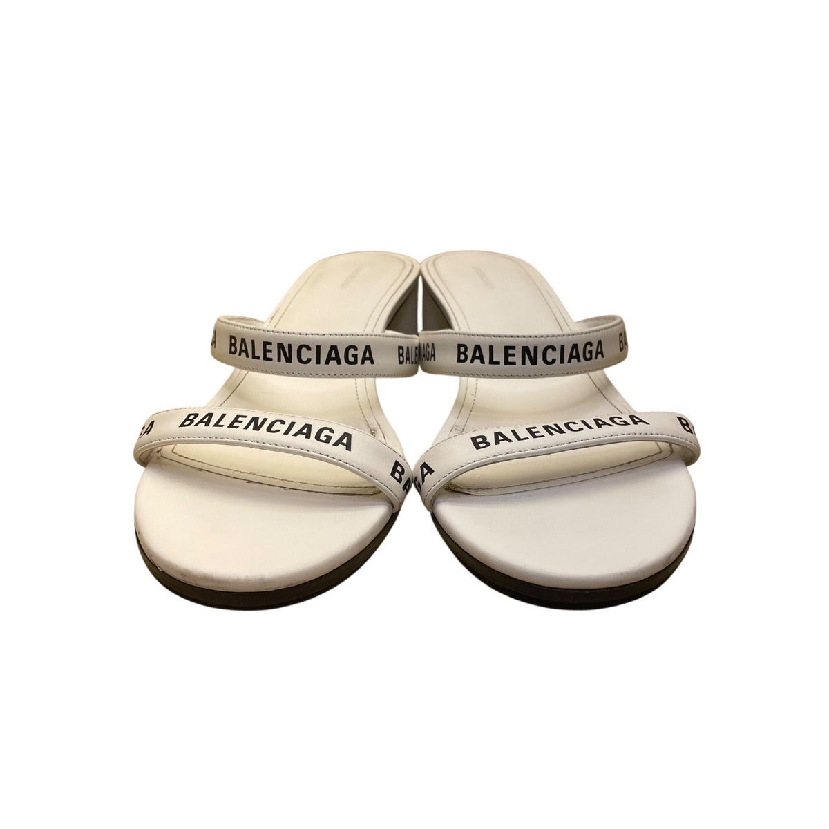 Balenciaga Women’s White Leather Logo Embossed Mid-Heel Slide Sandals Sz EU39.5