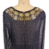 Chetan Creations Black Silk Hand Woven Sequined Beaded Top Gold V-Neck Sz M