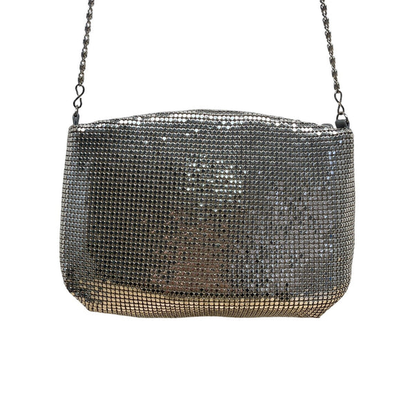 Vintage Silver Mesh Shoulder Bag With Rhinestone Accent & Chain Strap Evening Ha