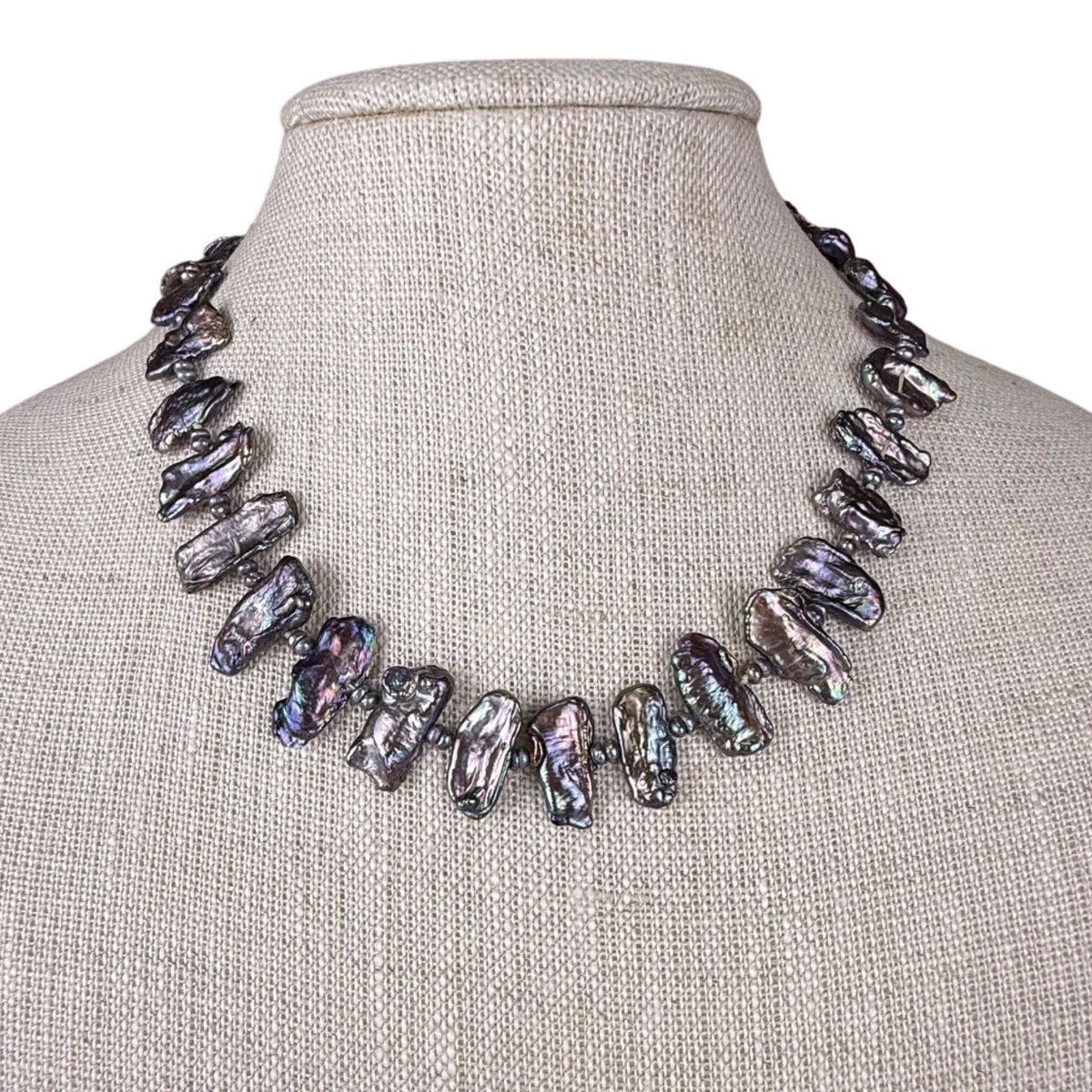 Vintage Freshwater Iridescent Black Pearl Necklace Silver Tone Spacer Beads Magn