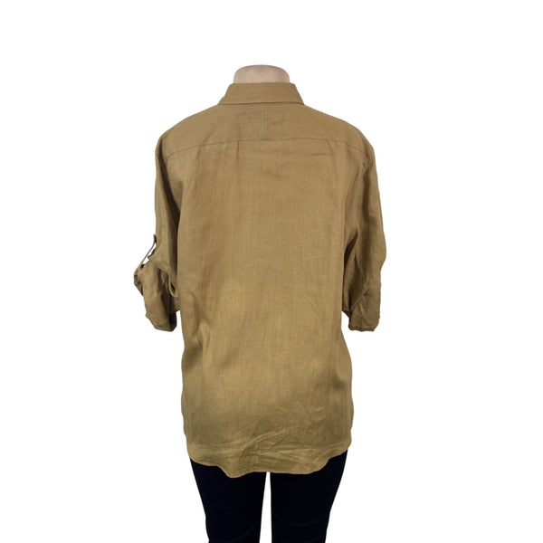 Ralph Lauren Womens Beige Linen Long Sleeve Utility Shirt Button Front Size XL